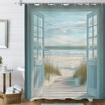 Blue Beach Barn Door Shower Curtain, Rustic Country Ocean Coastal Seaside Scenery Decor Bath Curtains, Retro Teal Wood Waterproof Bathroom Accessories Set, 72 x 72 inch with Hooks