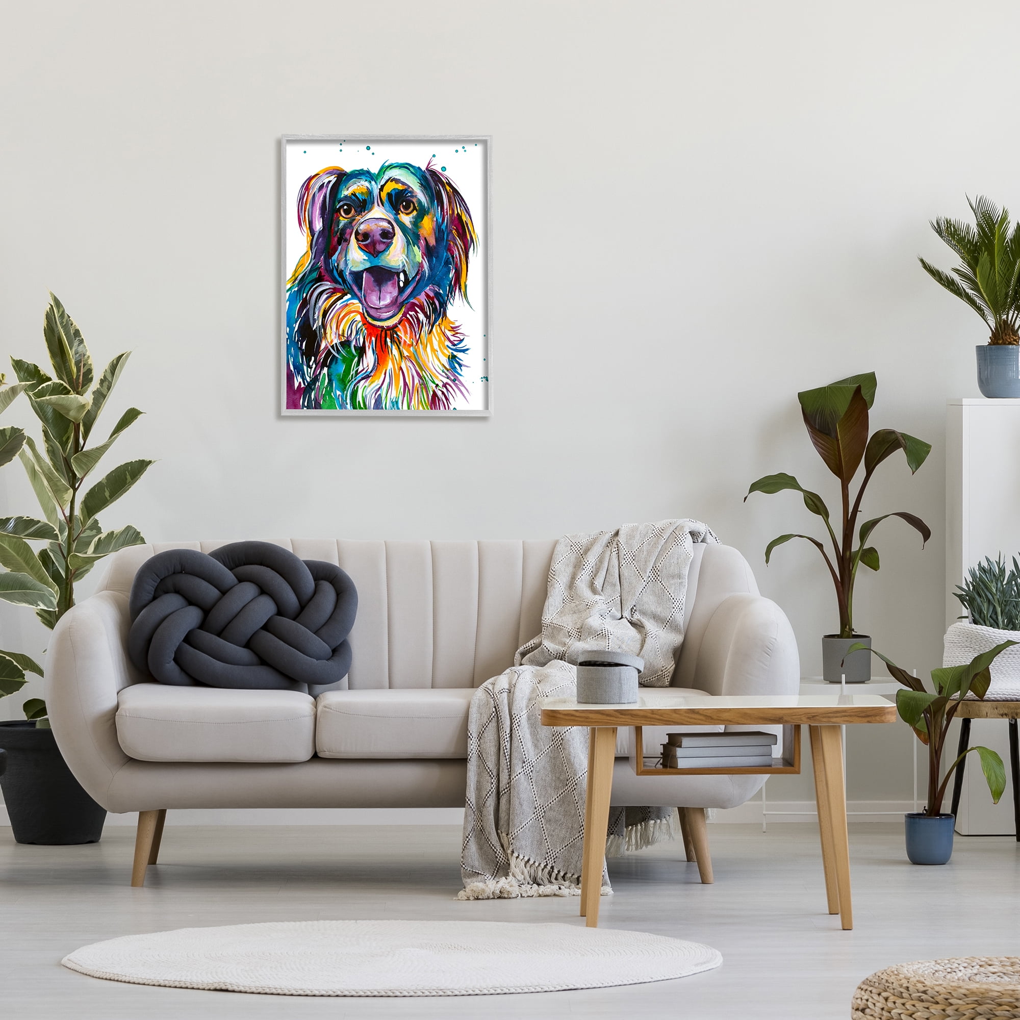 Stupell Happy Dog Bold Rainbow Style Animals & Insects Painting Gray Framed Art Print Wall Art
