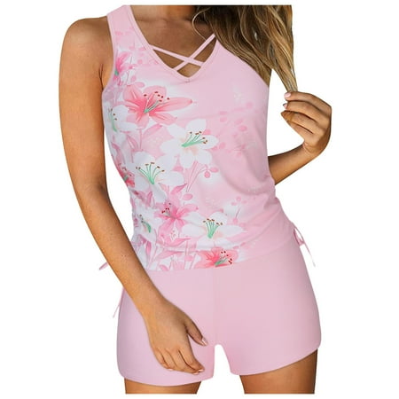 Caqnni Womens Plus Size 2 Piece Bathing Suits Ruffle Tankini Top with Boyshorts Tummy Control Swimsuits for Women (3XL Pink)