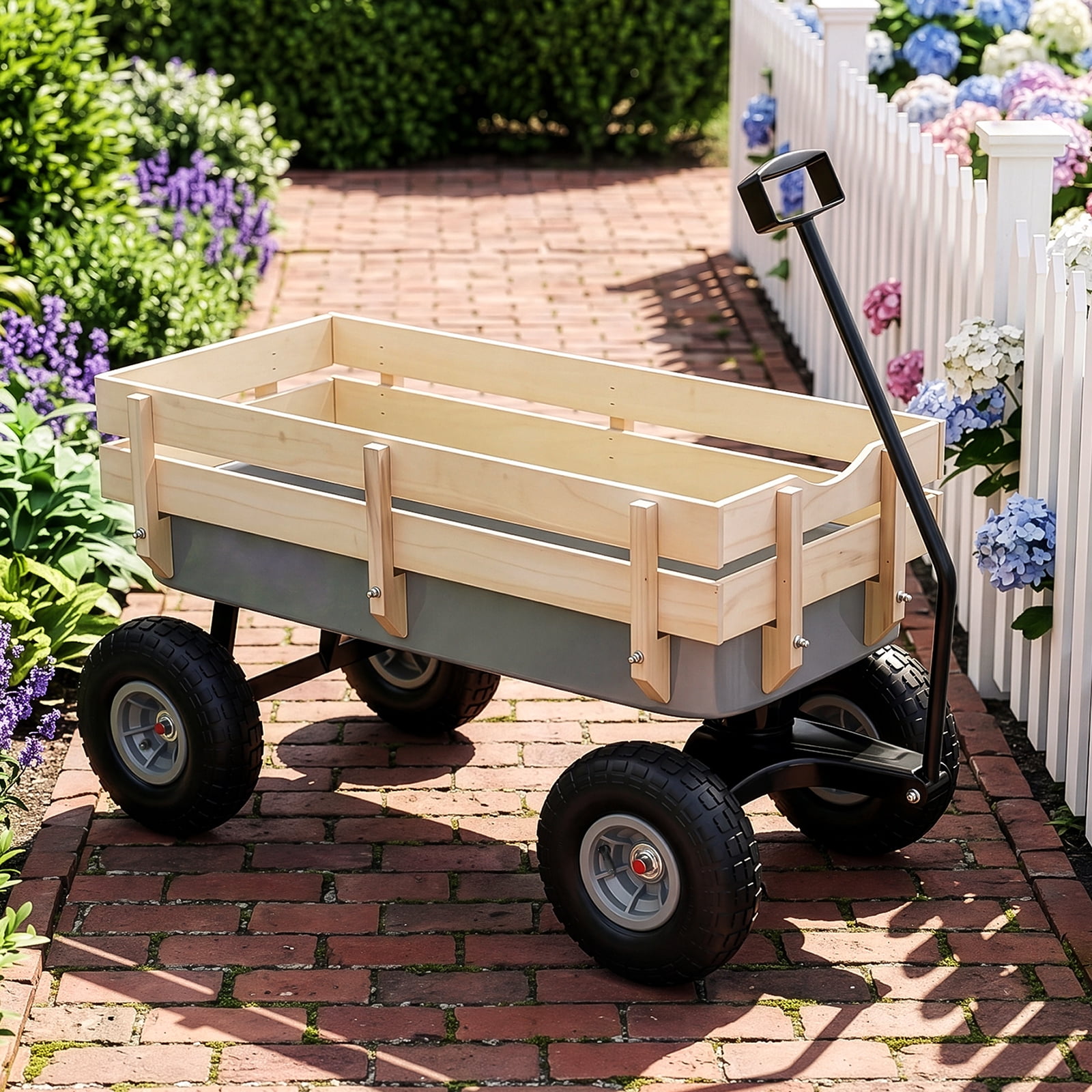 Side Support Cargo Wagon with 10" All-Terrain Air Tires, Up to 220lb Load Capacity, for Towing Kids Toys, Gardening Supplies, Gray