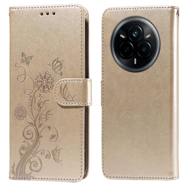 For Realme 14 Pro 5G Leather Case Butterfly Floral Imprint Wallet Stand Cover - Green