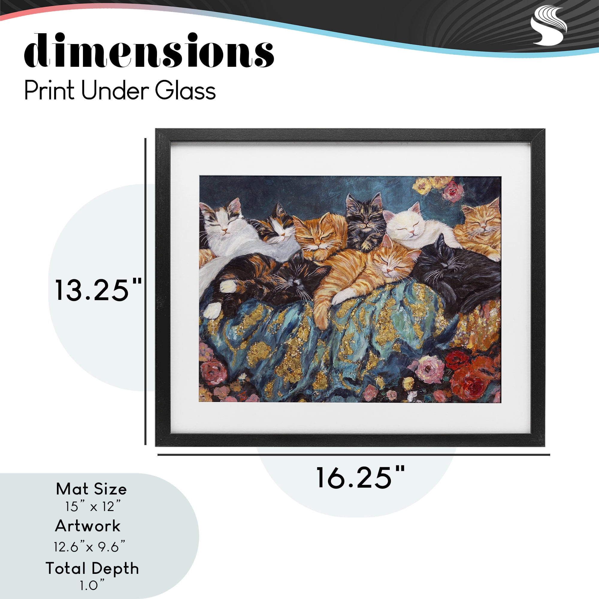 Sleepy Kitty Crowd with Flowers Black Framed Print Under Glass, design by Sara Culpepper