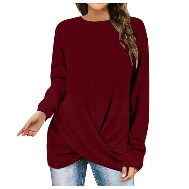 Besolor 2024 Chemise à Manches Longues pour Femmes Tunique Décontractée Printemps Automne Hauts Croisés Froncé devant Blouse Col Rond T-Shirts