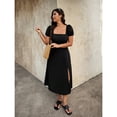 thumbnail image 4 of AURA Plus Size Floral Midi Dress Square Neck Puff Sleeve High Waist Travel Dress Loose Fit Black 1XL-4XL, 4 of 6