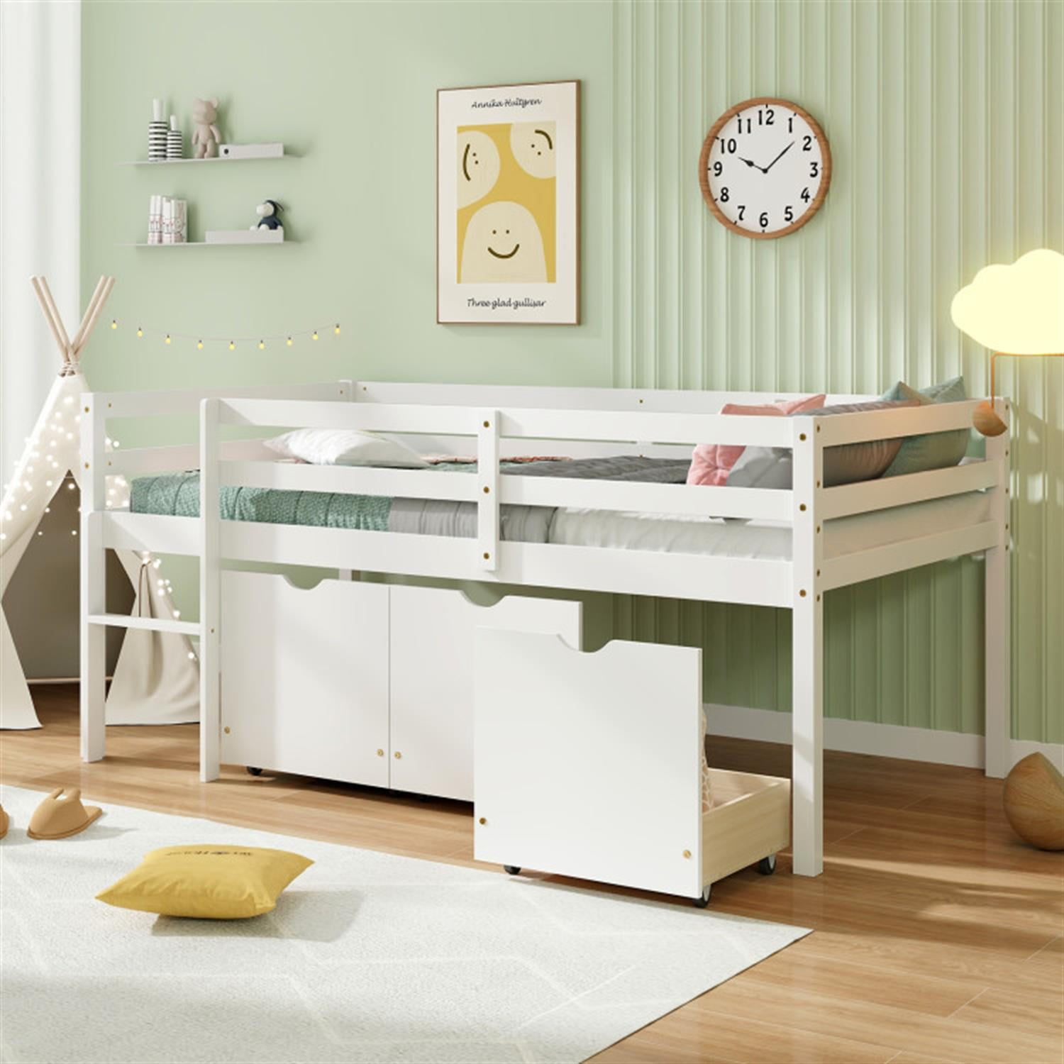 Demi Bonn Twin Size Loft Bed, Solid Wood Loft Bed with 3 Drawers with Ladder and Full-length Guardrails, Modern Wooden Bed Frame for Teens, White