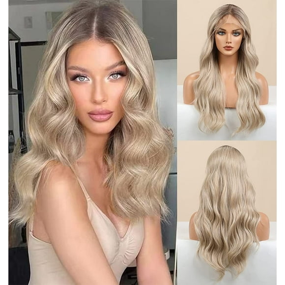 AmPm Sandy Blonde Wigs with Bangs, Ombre Brown Hair Beach Blonde Wig for Women, Synthetic Glueless Wig Natural Straight Layered Bang Wig 20 inch AmPm-220