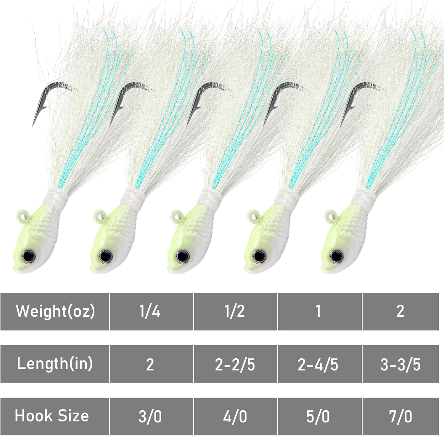 5-Pack Bucktail Jigs Hair Jigs Saltwater Freshwater Fishing Bucktail Lures Surf Fishing Jig Heads White Luminous Chartreuse Swimbait Jig for Bass Flounder Striper Bluefish Halibut Redfish
