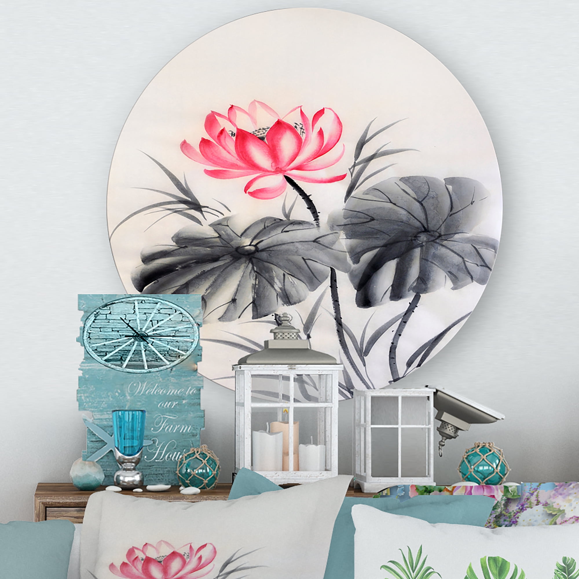 Designart 'Two Monochrome Leaves With Lotus Flower' Traditional Circle Metal Wall Art 23x23 - Disc of 23