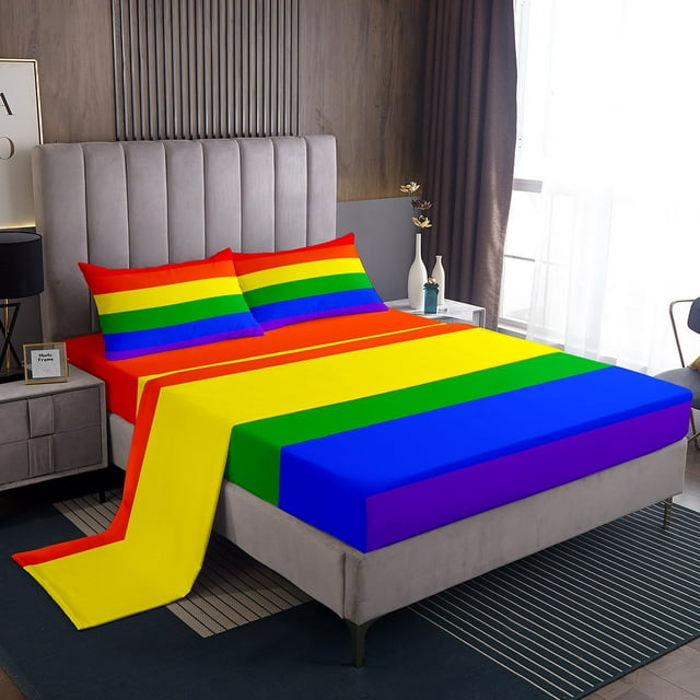 Erosebridal Rainbow Stripe Sheet Set Full, Colorful Geometry Bedding Sets Full Size, Microfiber 4 Pieces