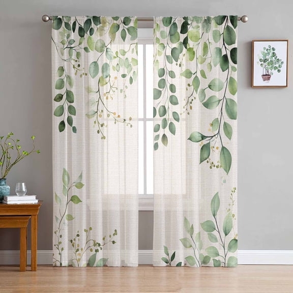 Green Eucalyptus Semi Sheer Curtains 63 Inch Length 2 Panels Set, Vintage Leaves Flower Spring Summer Sheer Kitchen Curtain Privacy Voile Window Curtain for Living Room Bedroom Rod Pocket Drapes