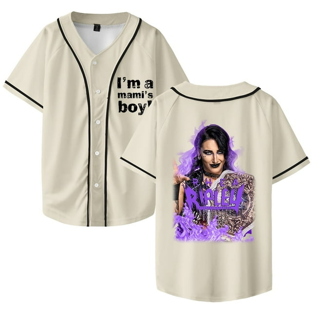 Rhea Ripley Maillot de Baseball Col en V Chemise Merch Femmes Hommes Manches Courtes Mode Urbaine Vêtements,L,Beige