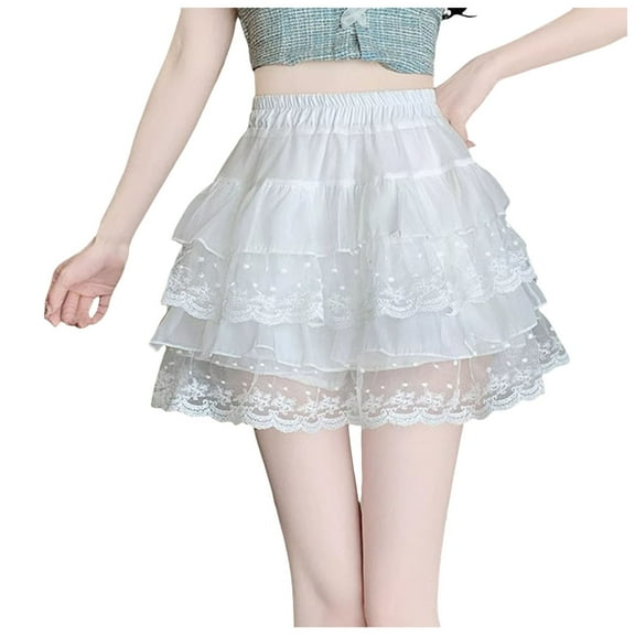 GEWSEY Women's Y2k Lace Ruffle Hem Mini Skirt Layered High Waisted A Line Skirt (White, M)