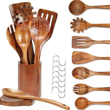 9 Pcs Wooden Spoons for Cooking Utensils, Natural Teak Wooden Cooking Spoons with Nonstick Spatula Set, Bamboo Kitchen Utensils With Holder, Wood Spoon Set for Kitchen Essentials