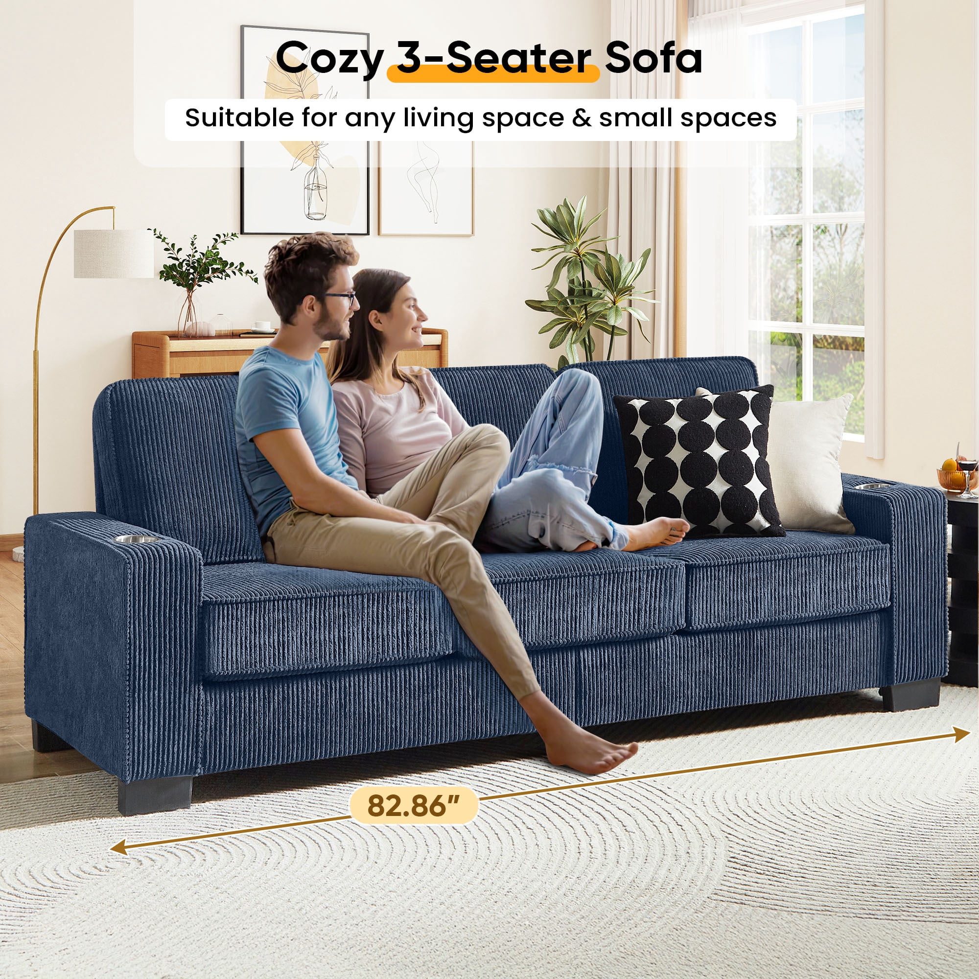 Lunale 83" Corduroy Sofa with Cup Holders, Modern 3-Seater Couch for Living Room, Apt., Blue