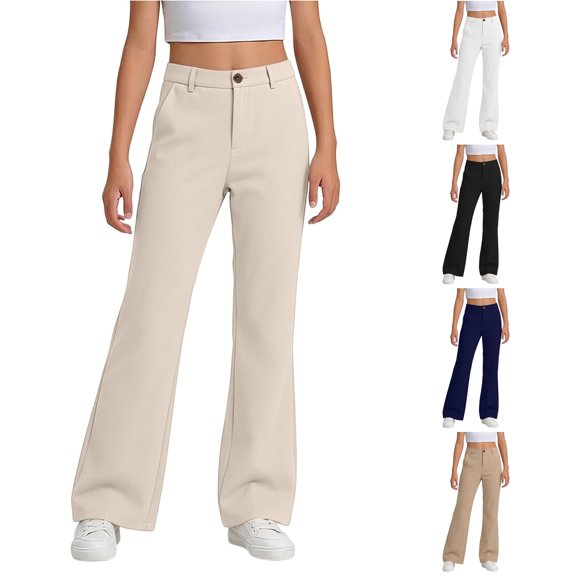 XAOFW Girls Back To School Pants Elastic Waist Loose Fit Wide Leg Trousers Uniform Pants For Girls Kids Breathable Bottom 5-6 Years