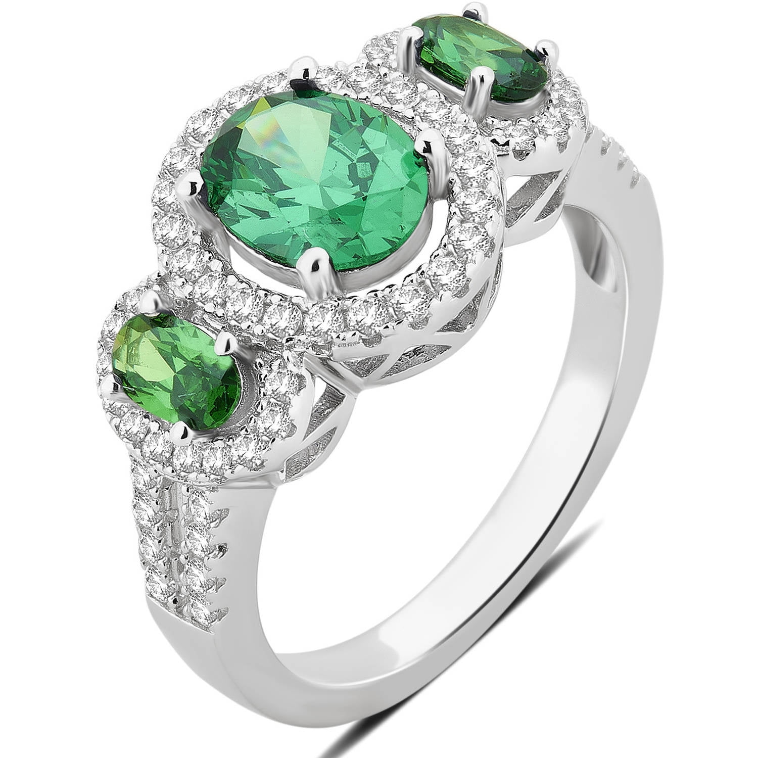 Created Emerald and White Sapphire Gemstone Sterling Silver Three Stone Oval Frame Ring