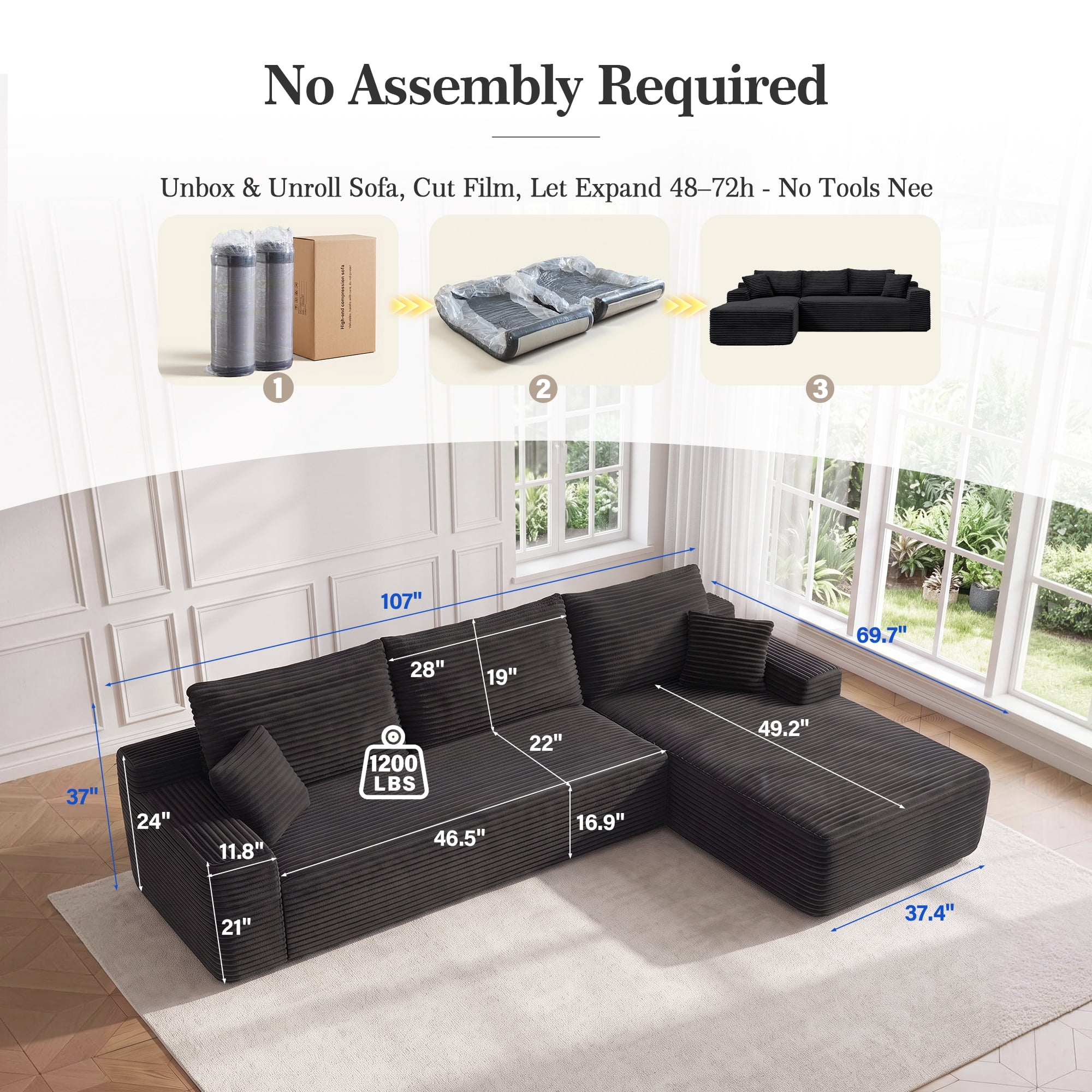 Aukfa 107" Boneless Modular Sectional Sofa, L-Shaped Corduroy Couch with Deep Seat and Right-Facing Chaise for Living Room, Black