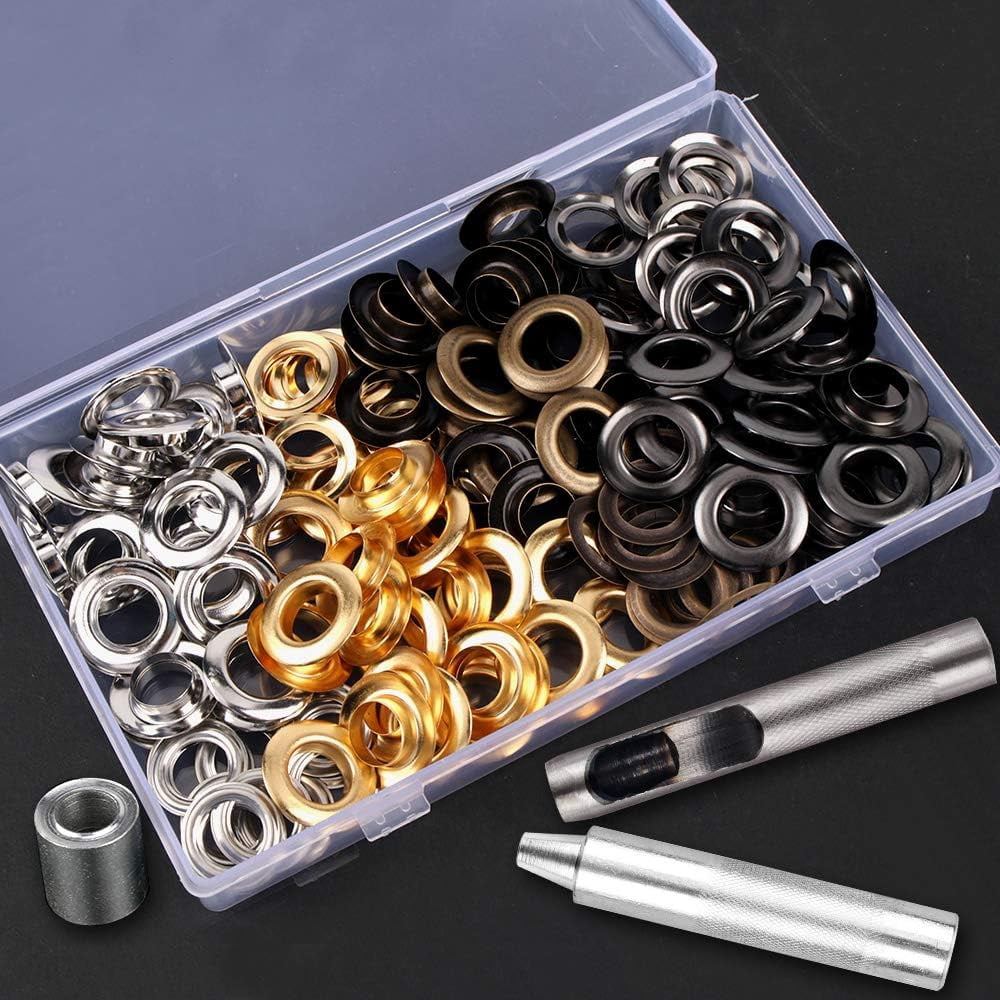 ABCISI 1/2inch Grommet Kit, 100 Sets Grommets Eyelets with 3 Pieces Install Tool Kit, 4 Colors Grommets Kit with Storage Box for Craft Making, Repair and Decoration