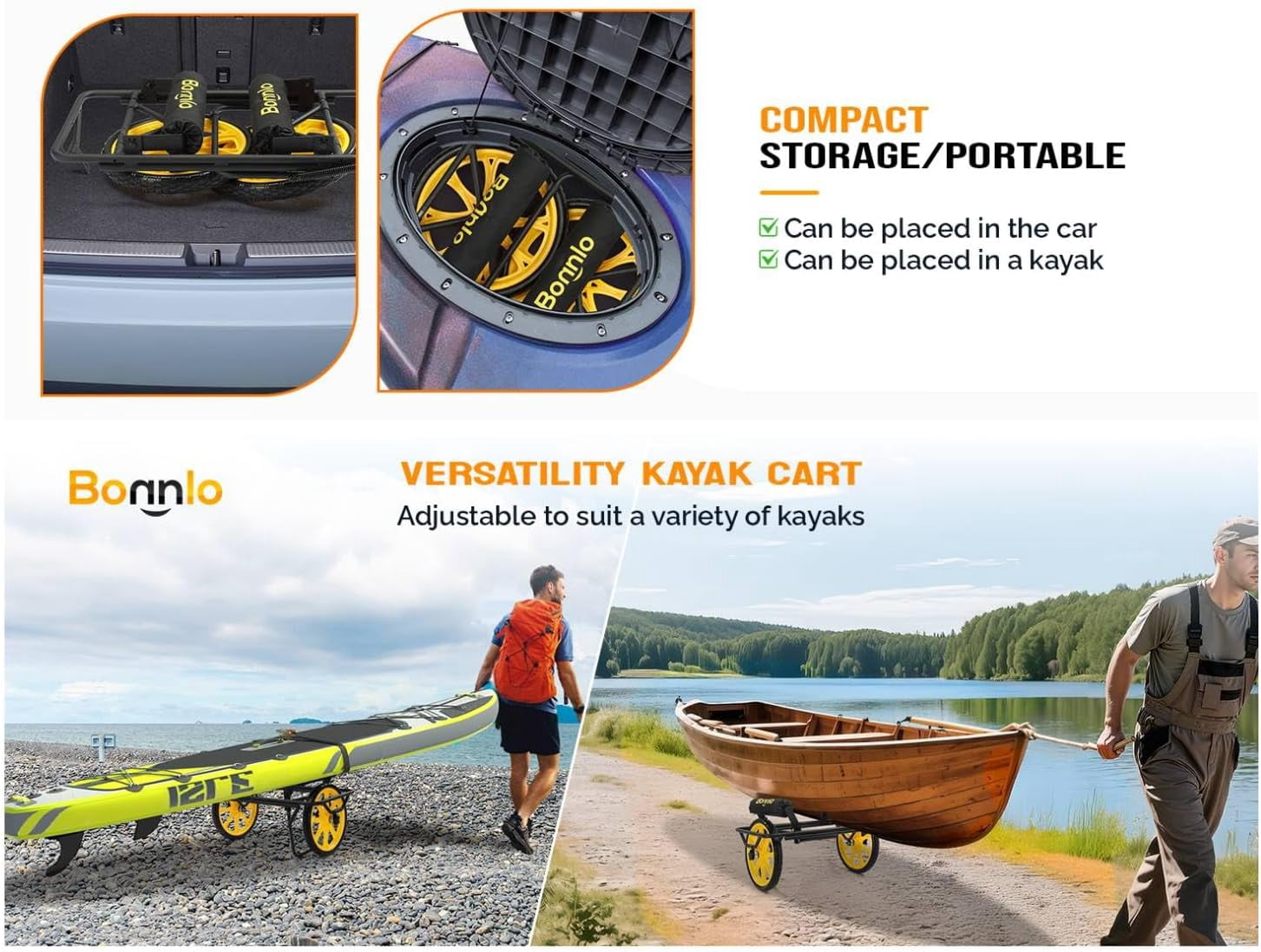 WBTER Canoe Kayak Cart, All-Terrain Trolley Carrier with 15" Large Solid Wheels, 330lbs Heavy Duty Transport Kayak Trolley, Adjustable 4 Postions (8.66"-19.69") to Fit Small Boats