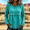 thumbnail image 2 of Linen Blouses for Women Summer Cute Fringe Long Sleeve Modest Tunic Tops Casual Y2k Baggy Crew Neck Plain T Shirts Turquoise XL, 2 of 7