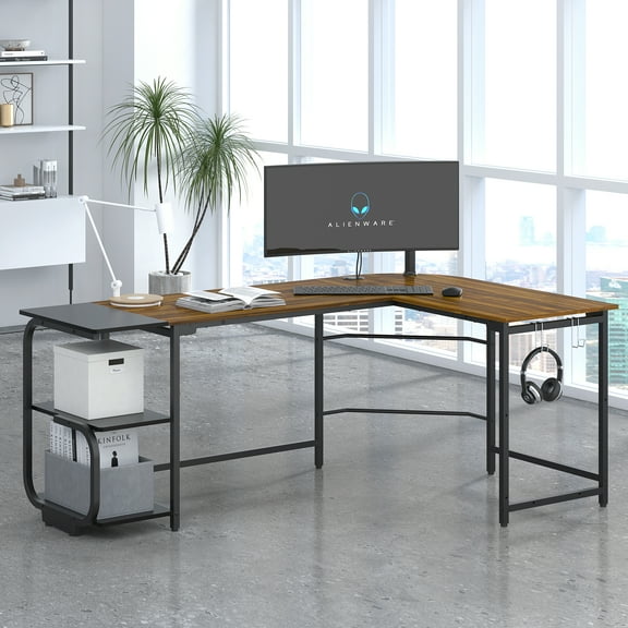 GEZEN 70" L Shape Computer Desk with 2-tier Bookshelf Storage, Home Office Corner Computer Table with Hooks, Teak Brown