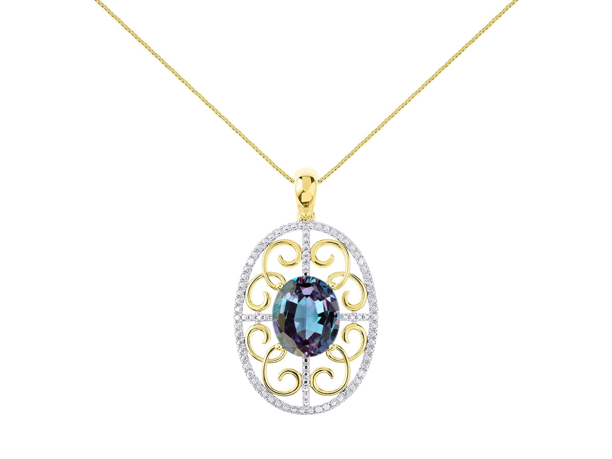 Diamond & Alexandrite/Mystic Topaz Pendant Necklace Set in Yellow Gold Plated Silver Stunning Designer 12x10 Colorstone