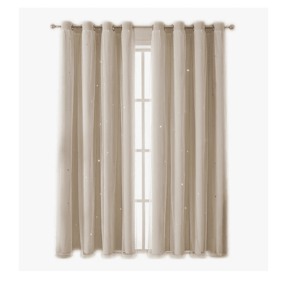 Cortina Lisa Con Tul Y Diseño Estrella De 100×130 Cm 2 Pzs. Modelo Beige
