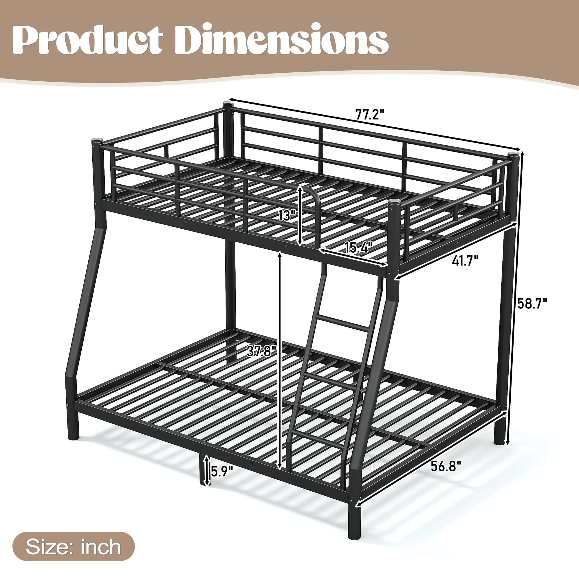 Mintazer Twin Over Full Metal Bunk Bed with Ladder & Guardrails for Bedroom Guest Room, Black