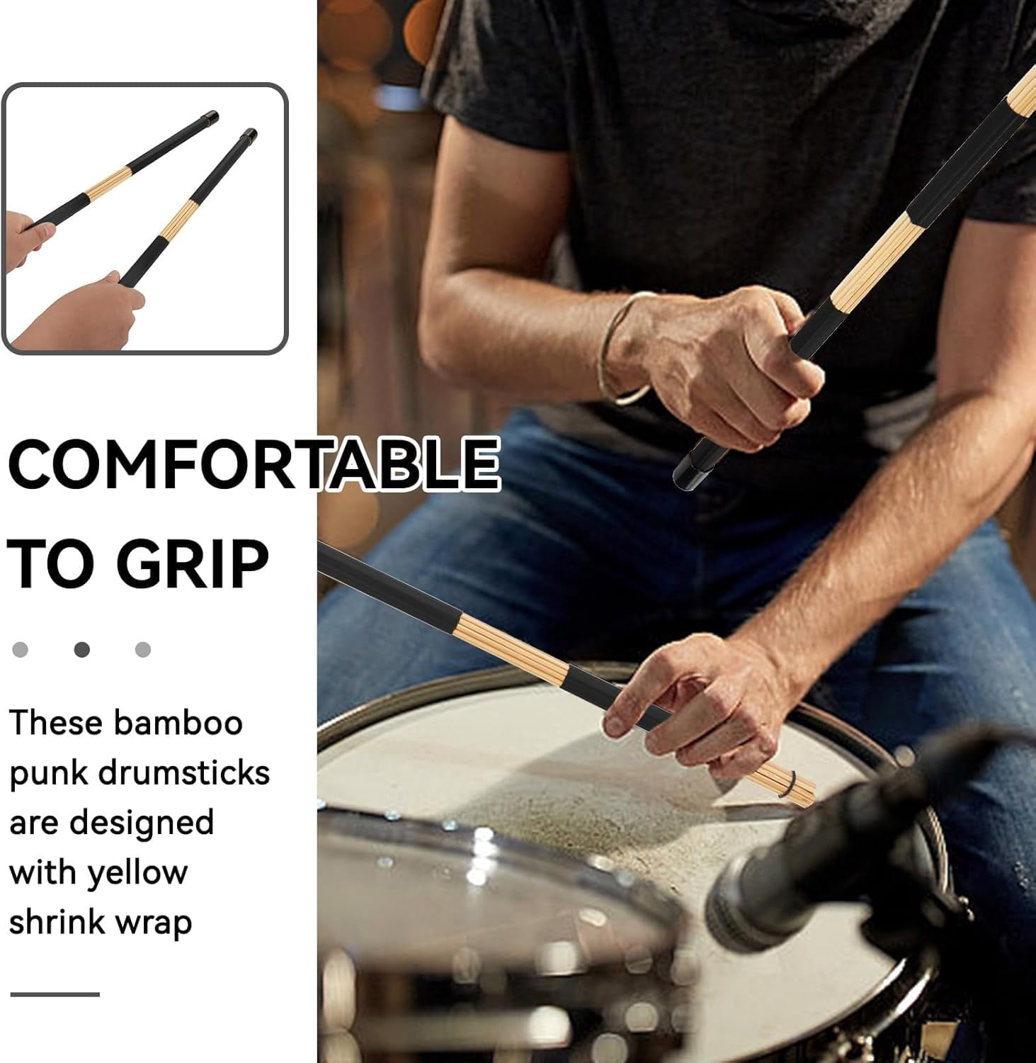 ABCISI 3Pairs Wood Brush Drum Sticks, 16inch 19 Bundle Rods Drumsticks Drum Brushes Sticks Rod Drumsticks Music Instrument Accessory for Jazz, Folk, Small Venue and Acoustic Performance (Black)