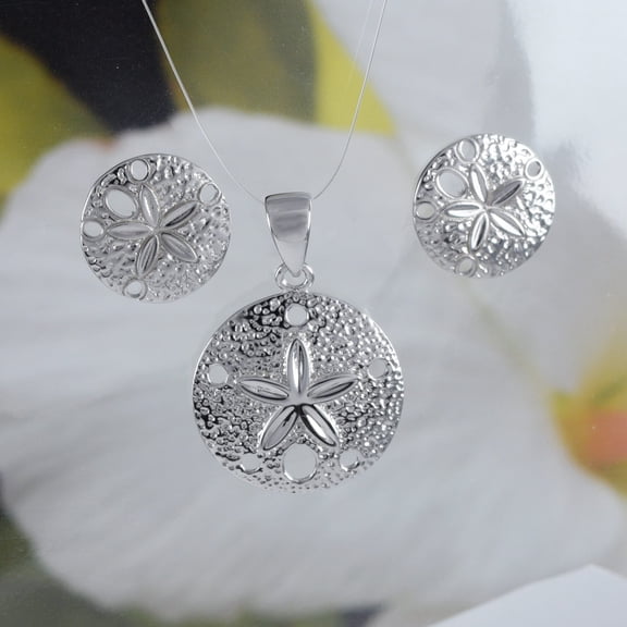 Beautiful Hawaiian Large Sand Dollar Necklace and Earring, Sterling Silver Sand Dollar Pendant, N6118S Birthday Valentine Wife Mom Gift