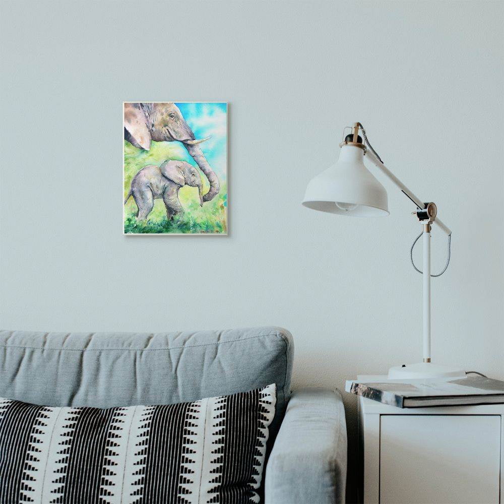 Stupell Industries Cute Baby Elephant Family Animal Blue Watercolor Painting Wall Plaque Art by George Dyachenko
