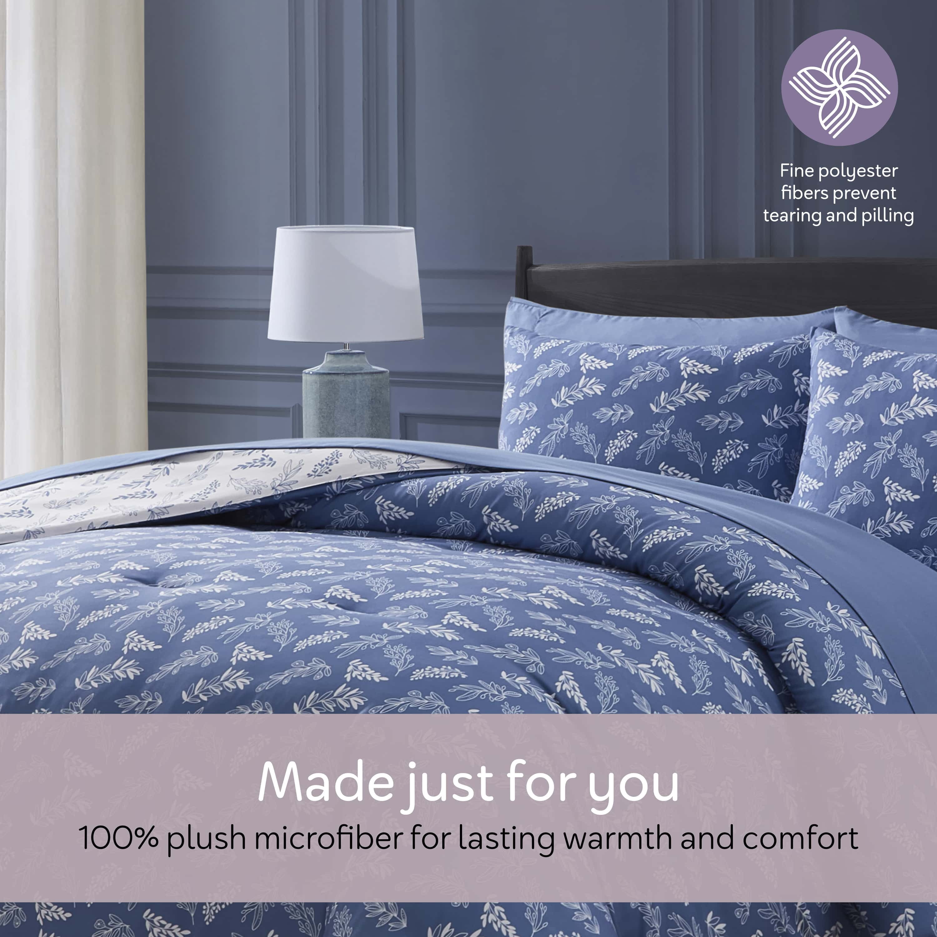 LammaLoe King Size Comforter Set, 7 Piece Botanical Bed in a Bag , Reversible Bedding Comforter Set with Sheets, Modern Bed Set, StateBlue/Cloud Stone