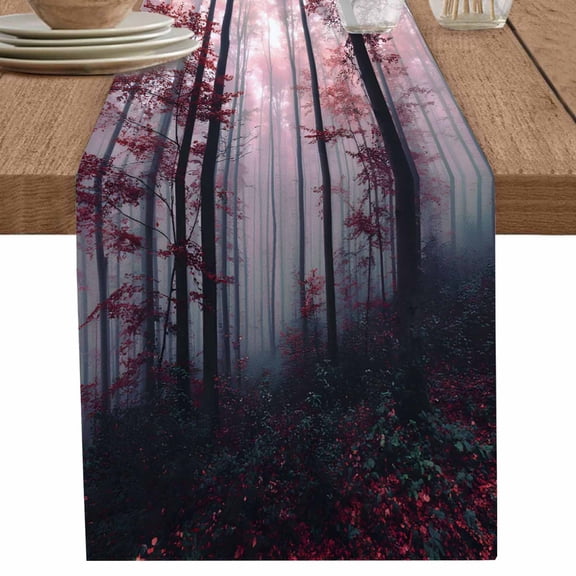 nqOlkjepod Red Forest Table Runner 90 Inches Long Farmhouse Dress Scarves, Mysterious Vintage Foggy Woods Tree Dining Tablerunner for Coffee Table/Kitchen Island/Party Décor, 13" x 90"