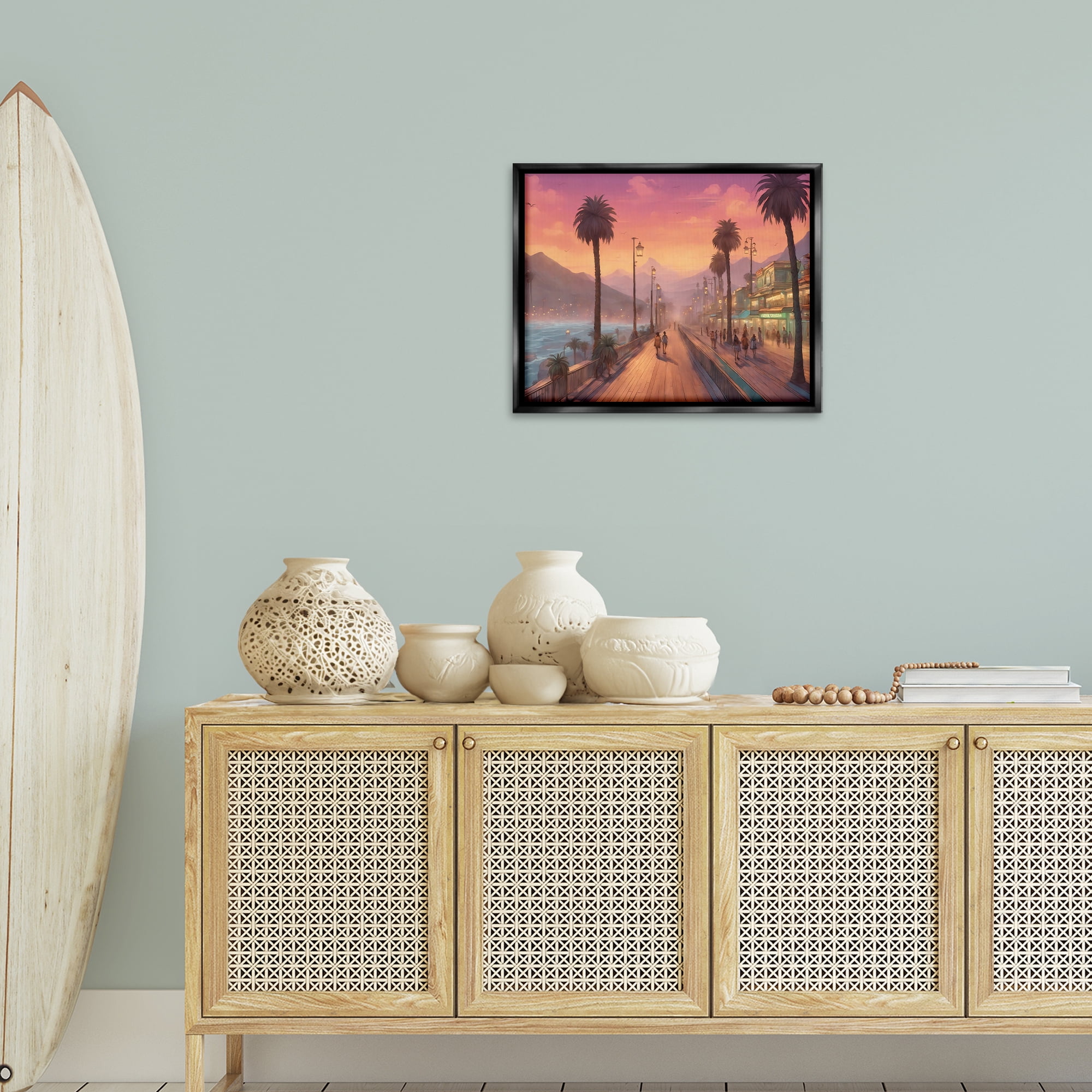 Stupell Industries Busy Tropical Boardwalk Landscape & Nature Painting Black Floater Framed Canvas Art Print Wall Art, 21 x 17