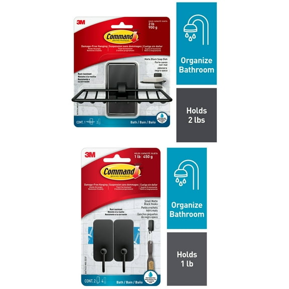 Command Bath Soap Dish, Matte Black and Command Bath Hook, Small, Matte Black, 2 Wall Hooks