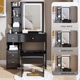 thumbnail image 3 of Makeup Desk with Sliding LED Mirror, Makeup Vanity Set with Cushioned Stool, Dressing Table w/Storage Drawer & Shelves, Vanity Mirror 3 Lighting Color Adjustable, 3 of 8