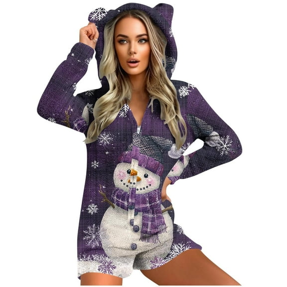 Cavosen Christmas Plus Size Jumpsuit Fleece Zip Up Long Sleeve Cute Hooded Loungewear with Ears Snowman Thicken Onesie Warm Unisex Winter Sleepwear