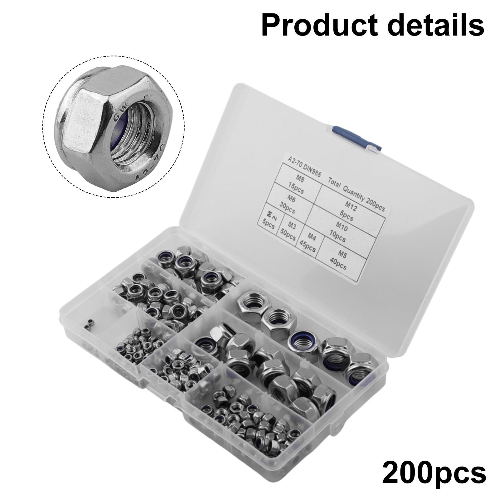 200pcs Stainless Steel Self-Locking Nuts Assortment Threaded Inserts Hex Nut Set
