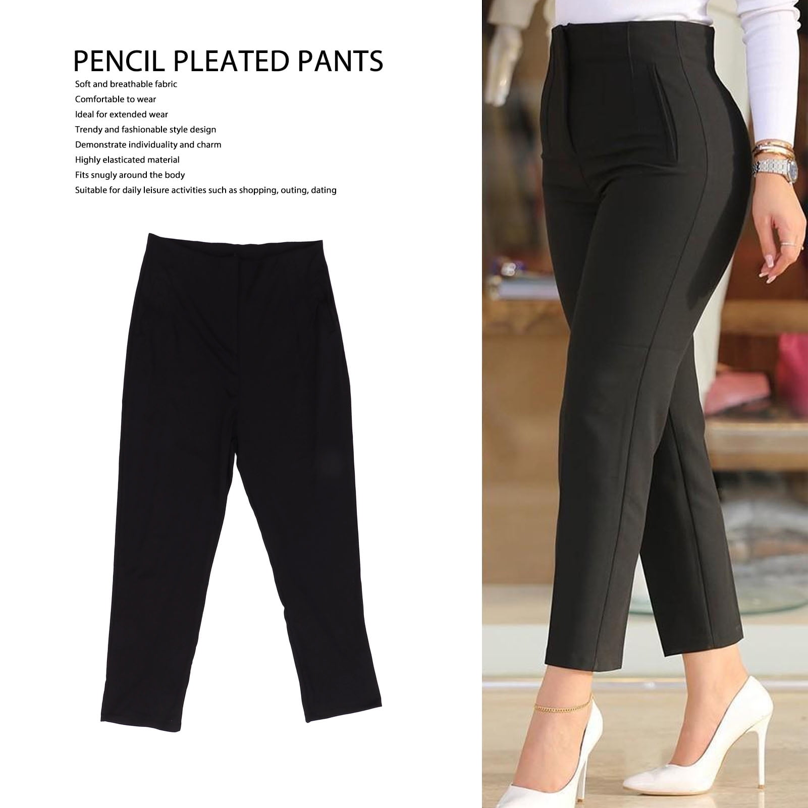 Pencil Ninth Length Trousers Slim Fitted Pencil Pants Comfortable Pleated For Women For Shopping Black L