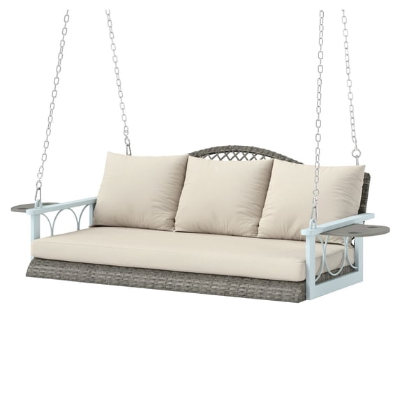 3 Person Wicker Patio Swing Bench, Outdoor Hanging Porch Swing with Cushions & Cup Holders, 794lbs Capacity, Natural