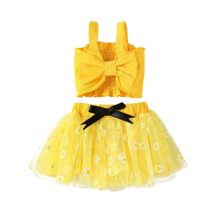 

QILINXUAN Baby Girls 2 Piece Summer Outfit Sleeveless Pleated Bowknot Tops and Flower Printed Tulle Skirts Set