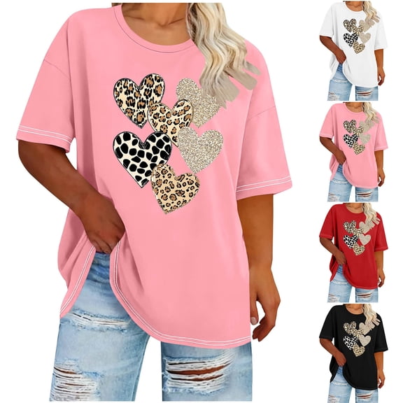 Womens Tops Women's Heart Print Day Plus Size Round Neck Short Sleeve Spring/Summer Base Layer T-Shirt White Xl