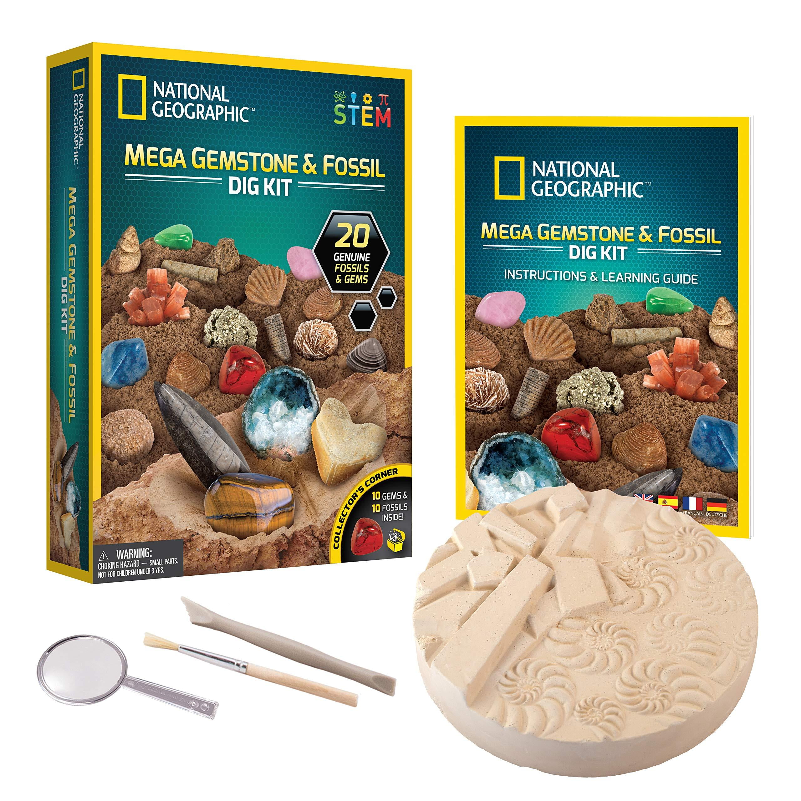 NATIONAL GEOGRAPHIC Mega Fossil and Gemstone Dig Kits - Excavate 10 Real Fossils and 10 Real