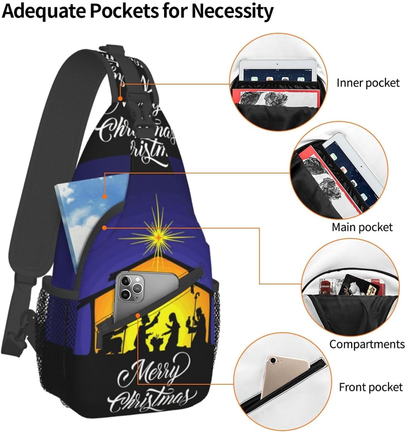 Merry Christmas Nativity Jesus Holy Night Sling Bag Crossbody Hiking Travel Chest Bags Backpack Shoulder Daypack for Women Men