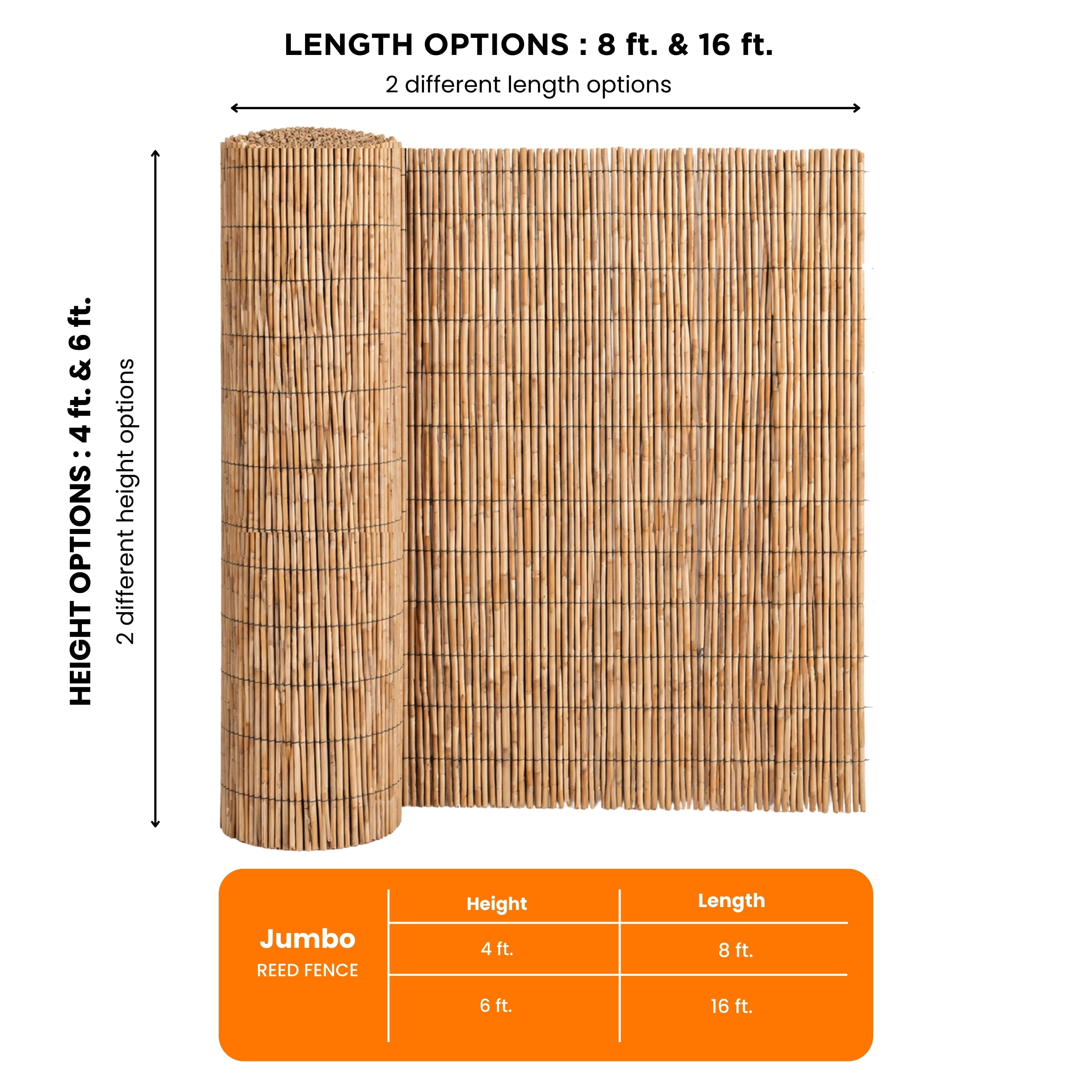 Natural Jumbo Reed Bamboo Fencing, 4 ft. H x 8 ft. L