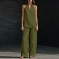 thumbnail image 4 of Qwertyu Womens Linen 2 Piece Sets Fashion Sleeveless V Neck Halter Top Matching Baggy Wide Leg Pants Set Summer Casual Outfits Army Green L, 4 of 9