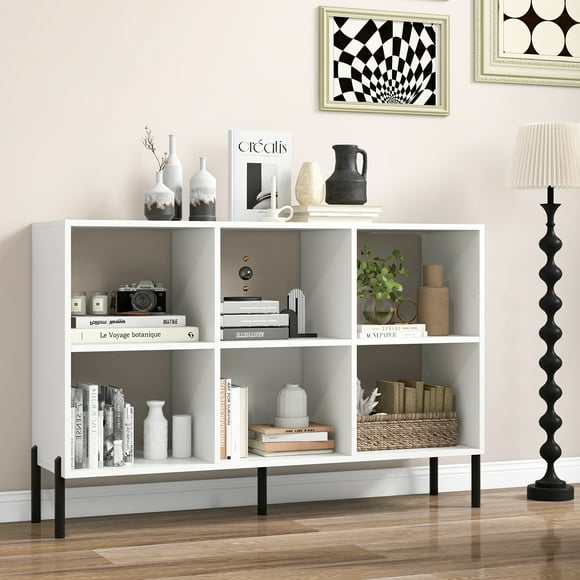 Giantex 6 Cube Storage Organizer Bookshelf, Wood Open Bookcase w/Metal Legs, Adjustable Display Shelf, White