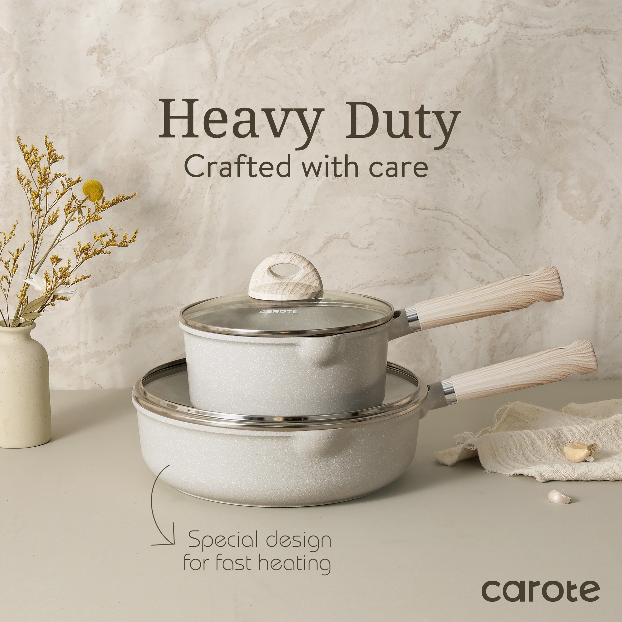 Carote Nonstick Pots and Pans Set, 8 Pcs Induction Kitchen Cookware Sets (Beige Granite) - image 6 of 8