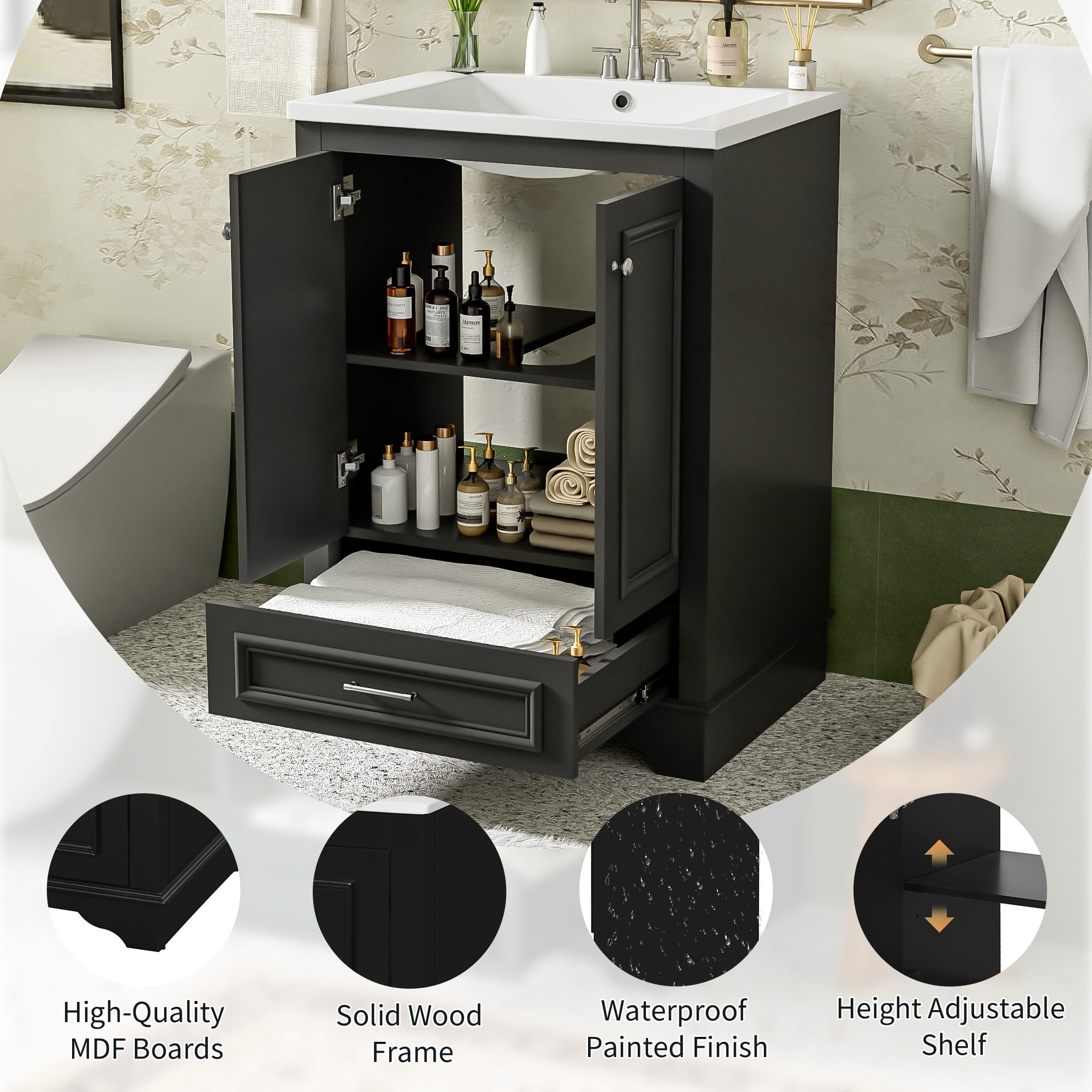 Euroco 24" Bathroom Vanity with Sink, Modern Bathroom Cabinet with Ceramic Basin & Adjustable Storage, Solid Wood Frame Vanity