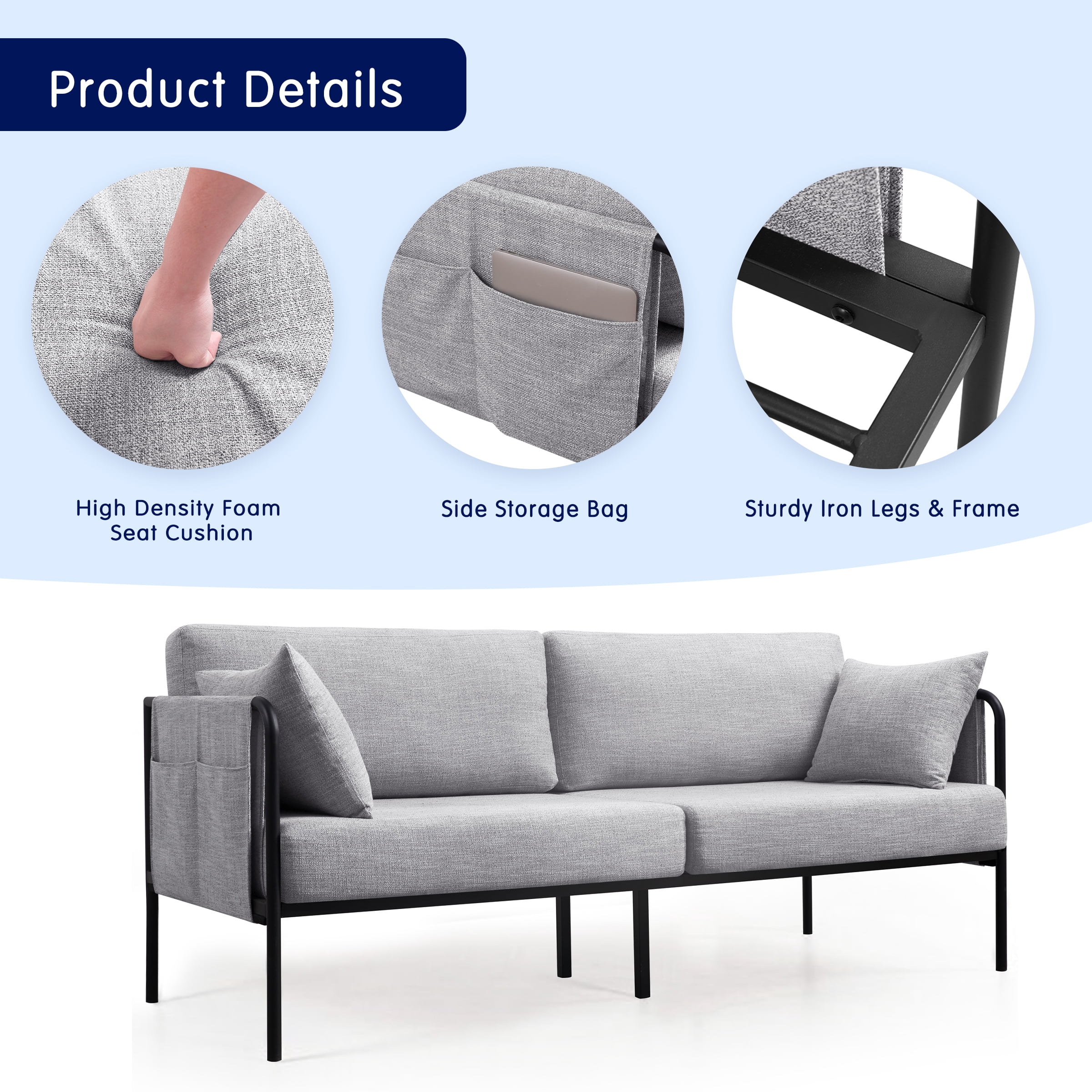 Subrtex Sofa Modern Upholstered Linen Fabric Couch with Metal Arm, Gray
